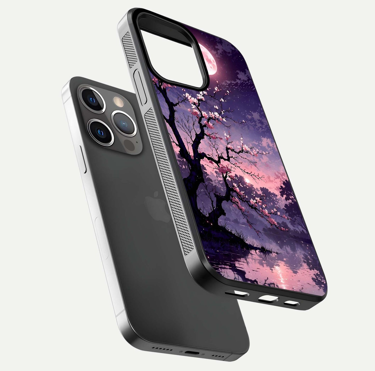 Blossom Pink Moon Glass Case for iPhone 13 Pro floating mockup emphasizing dreamy pink moon aura and smooth finish
