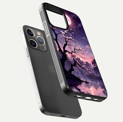 Blossom Pink Moon Glass Case for iPhone 13 Pro floating mockup emphasizing dreamy pink moon aura and smooth finish