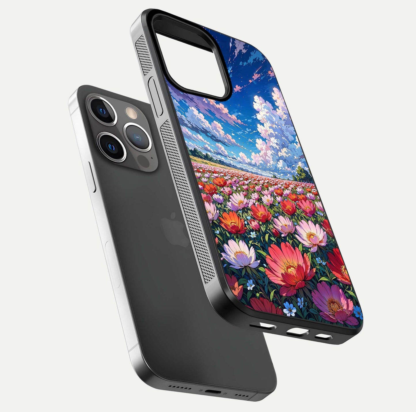 Blossom Sky Field Glass Case for iPhone 13 Pro floating mockup displaying sky bloom concept with smooth finish