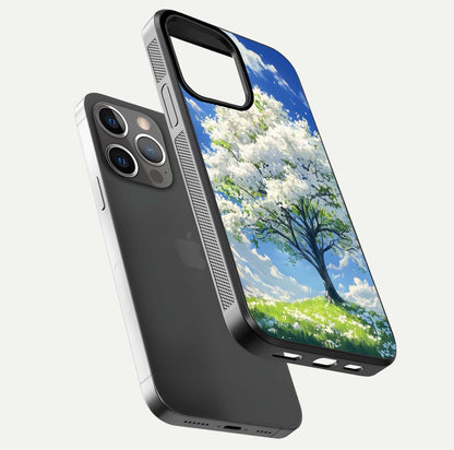 Blossom Sky Serenity Glass Case for iPhone 13 Pro floating mockup capturing gloss surface and tranquil design