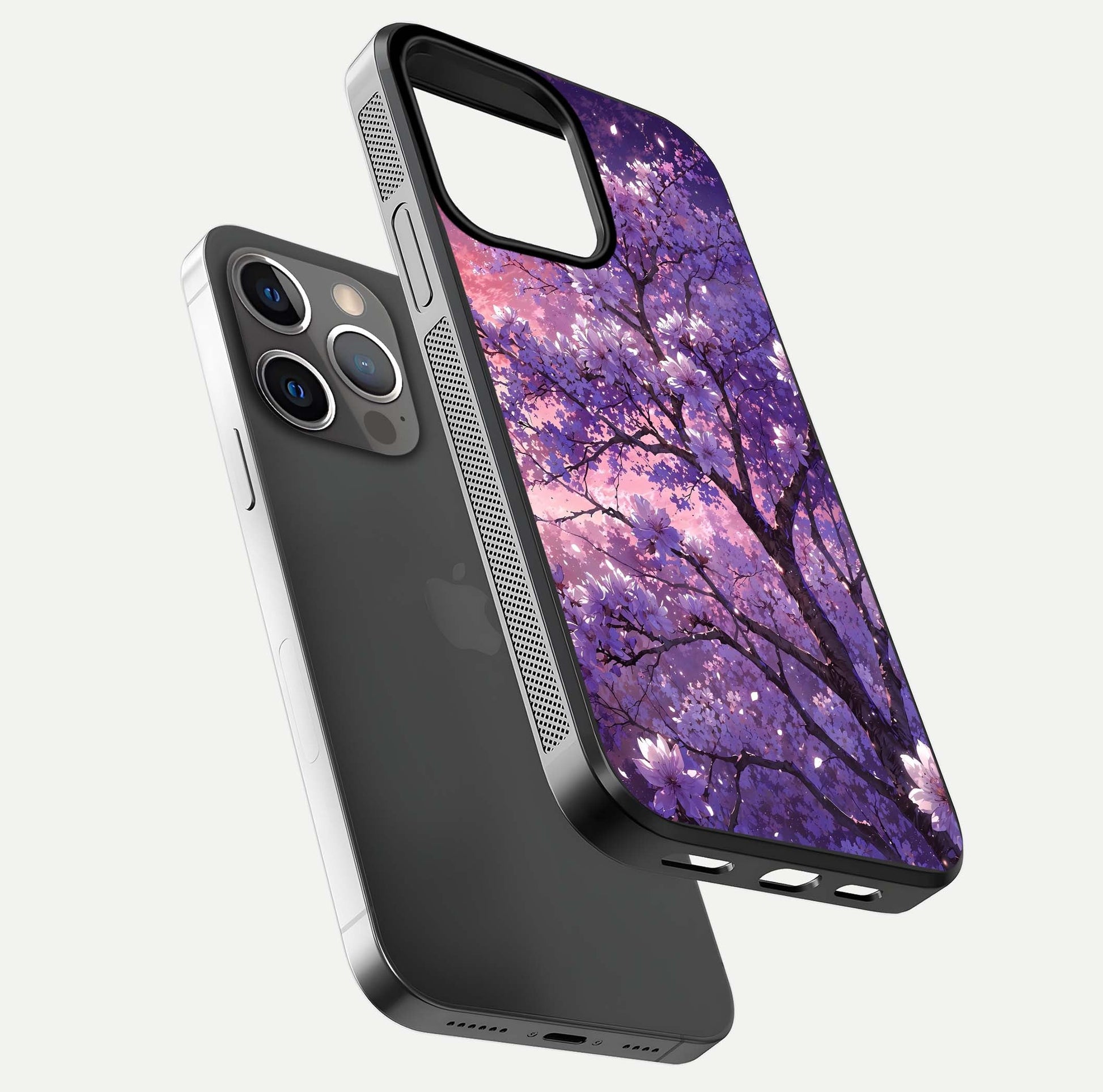 Blossom Tree Glass Case for iPhone 13 Pro floating dual-mockup displaying texture detail and curved edges