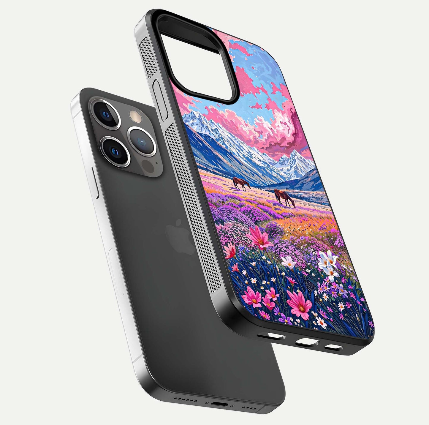 Blossom Valley Dream Glass Case for iPhone 13 Pro floating mockup showing floral valley blend and reflective surface