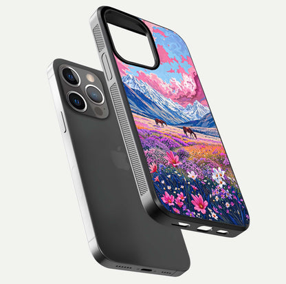 Blossom Valley Dream Glass Case for iPhone 13 Pro floating mockup showing floral valley blend and reflective surface
