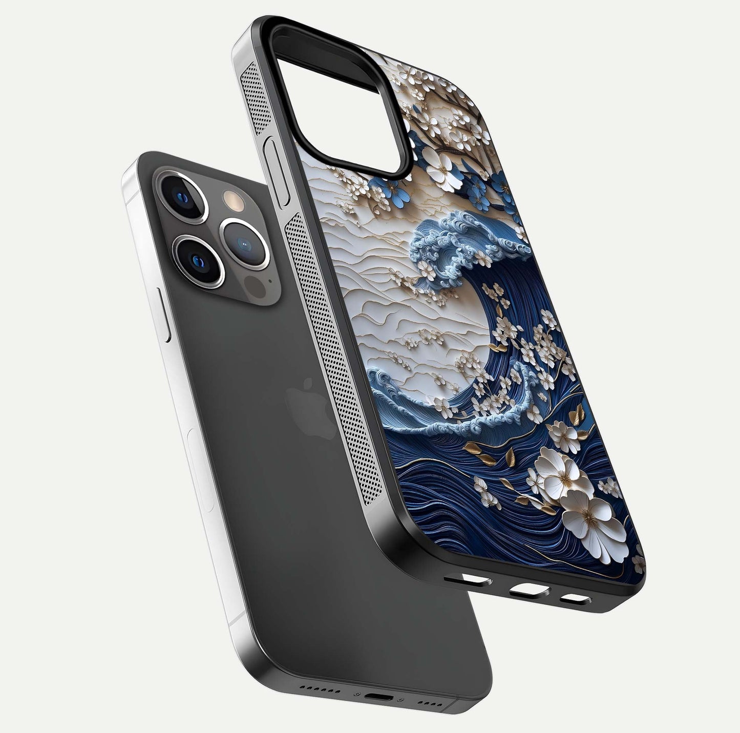 Blossom Wave Art Glass Case for iPhone 13 Pro floating mockup displaying pattern details and reflective shine