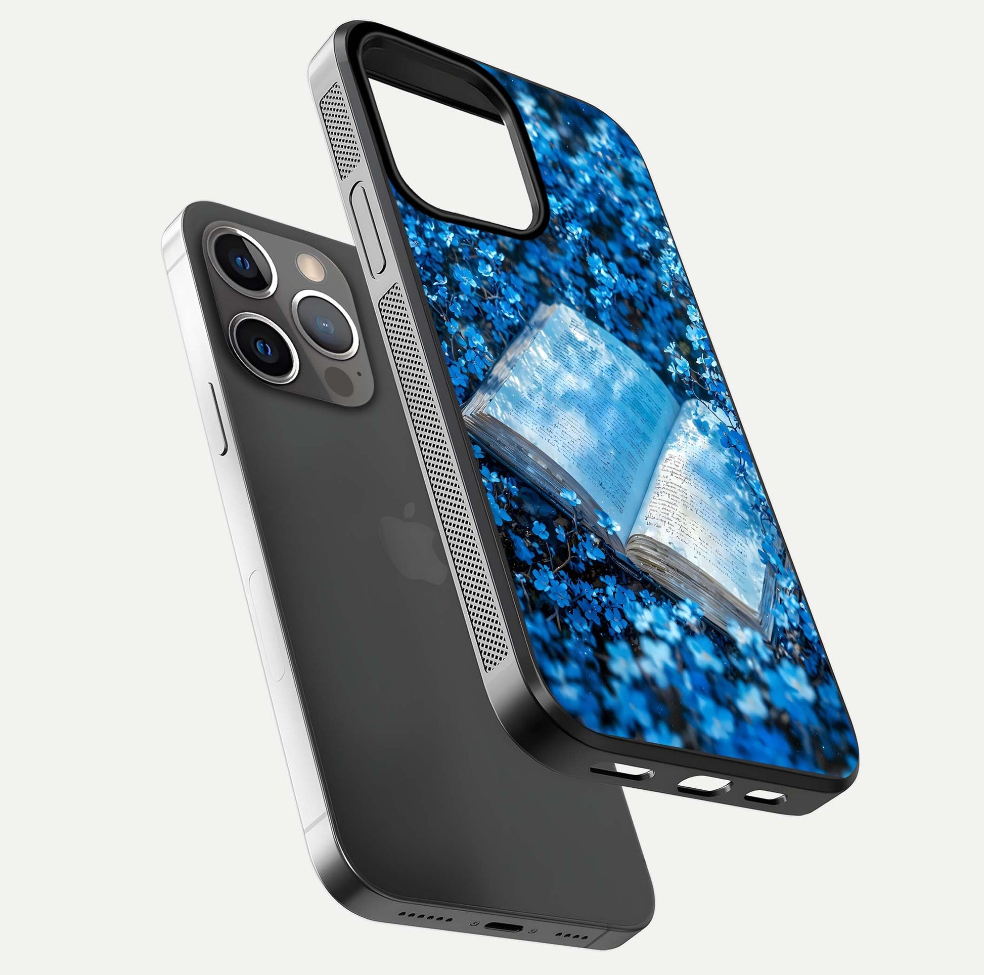 Blue Bloom Tales Glass Case for iPhone 13 Pro floating mockup showing detailed bloom and reflective surface