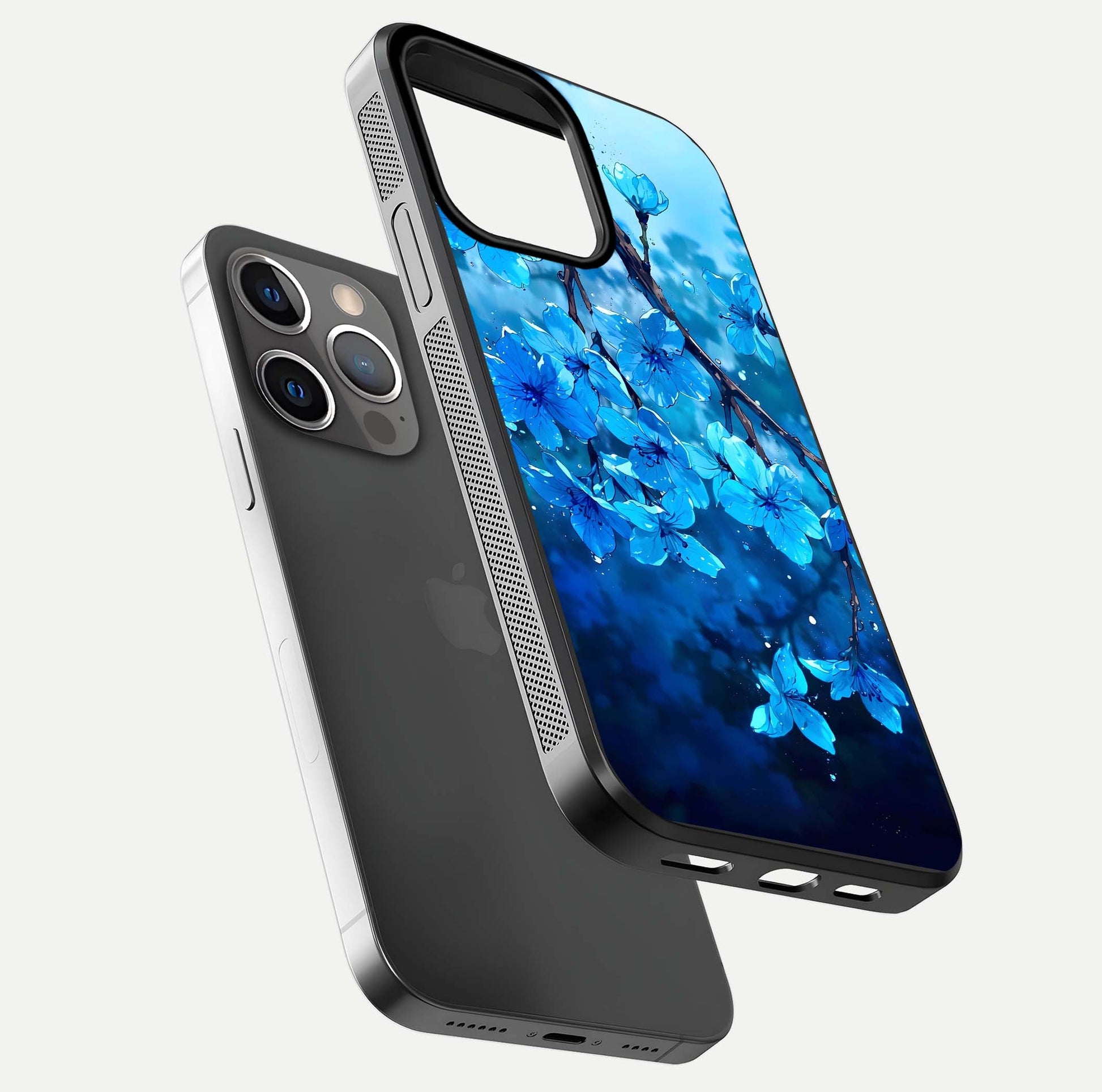 Blue Blossoms Branch Glass Case for iPhone 13 Pro floating mockup showing shine, curved edges, and branch detailing