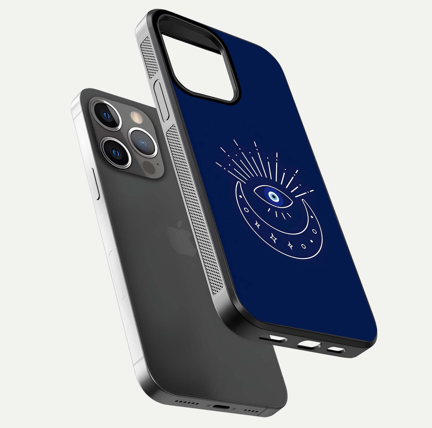 Blue Evil Eye Glass Case for iPhone 13 Pro floating mockup displaying glossy protection and spiritual artwork