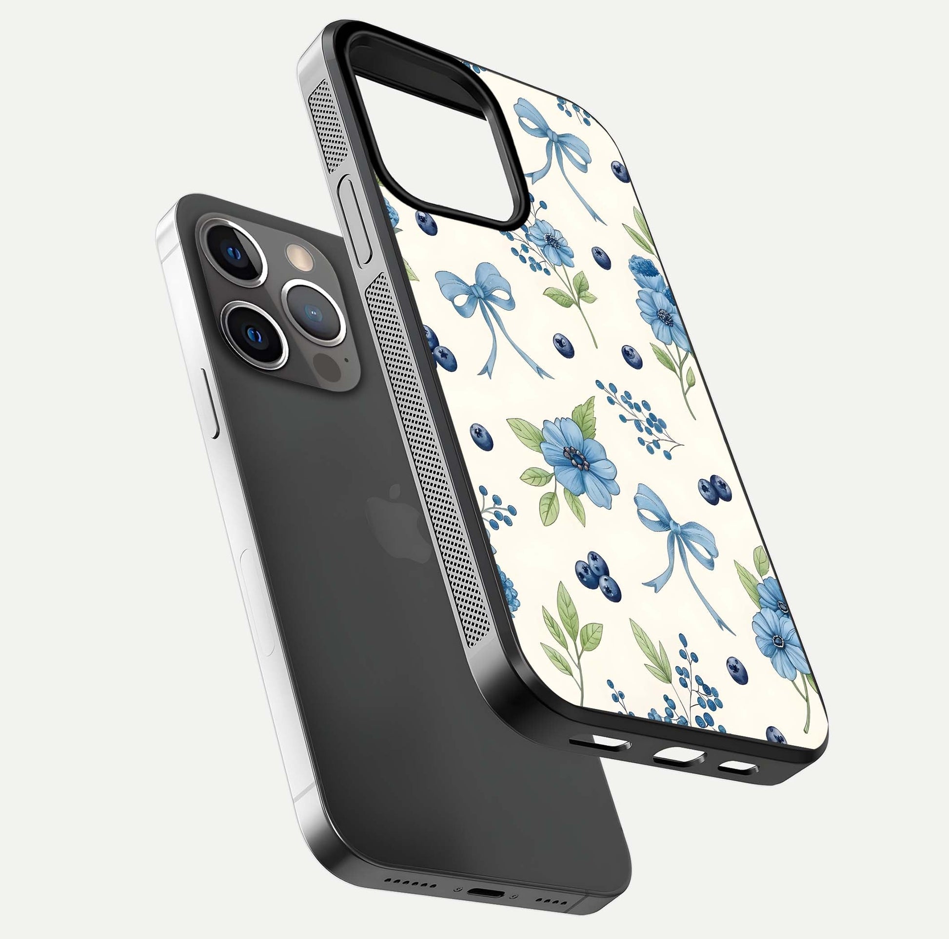 Blue Flower & Bow Glass Case for iPhone 13 Pro floating mockup capturing gloss reflection and girly aesthetic