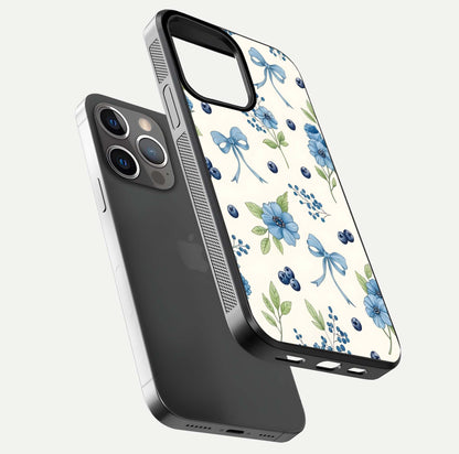 Blue Flower & Bow Glass Case for iPhone 13 Pro floating mockup capturing gloss reflection and girly aesthetic