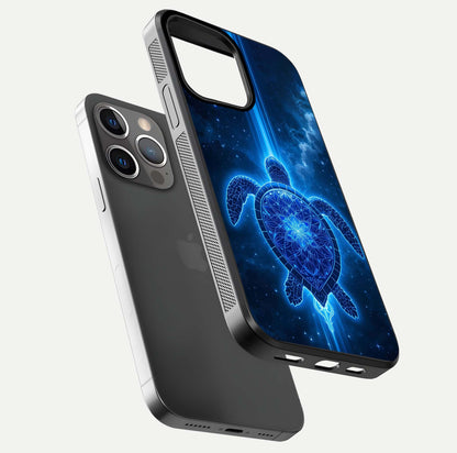 Blue Galaxy Turtle Glass Case for iPhone 13 Pro floating dual-mockup showing gloss depth and color transitions