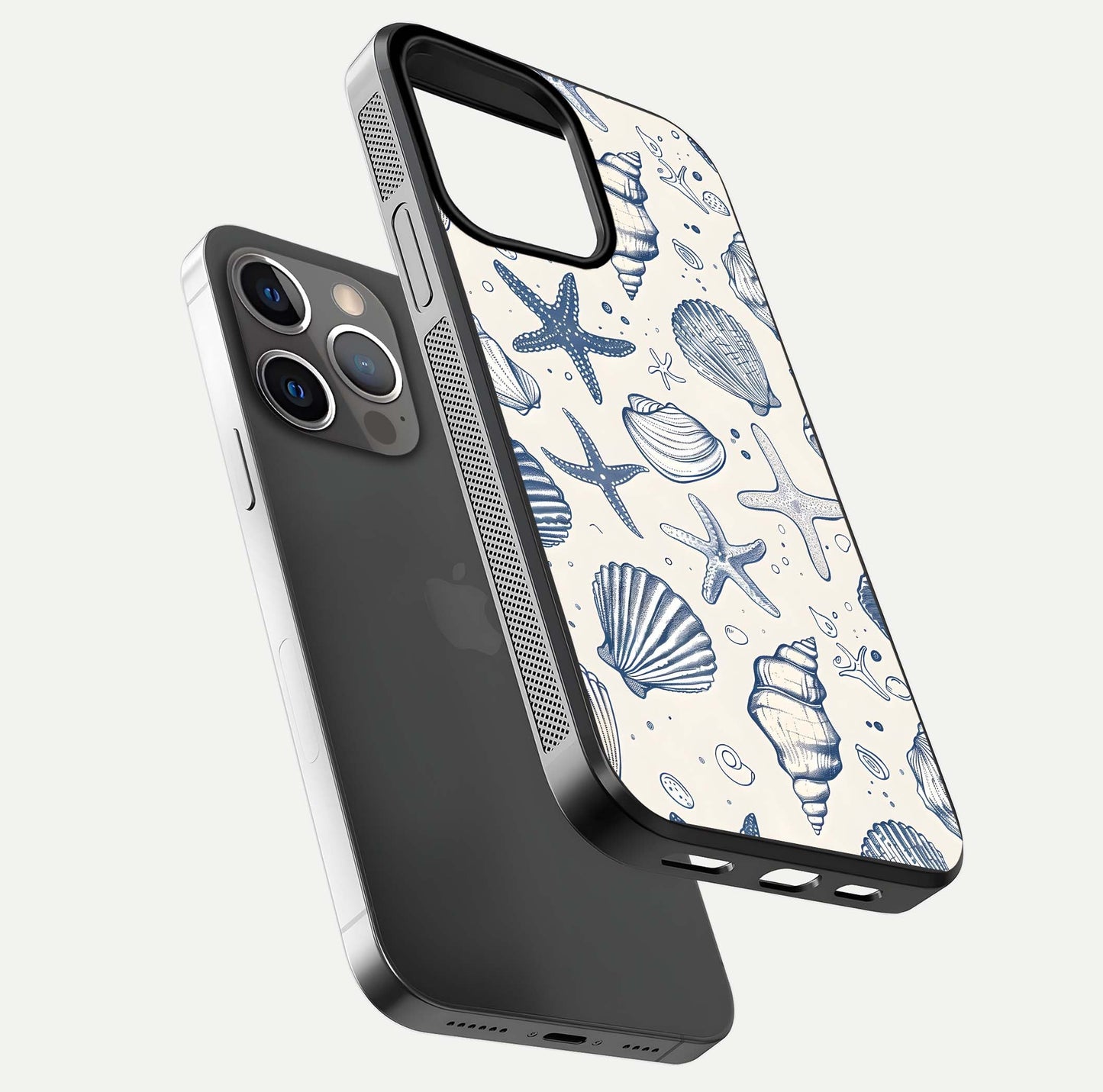 Blue Ocean Outline Glass Case for iPhone 13 Pro floating mockup displaying marine-inspired aesthetic and smooth surface