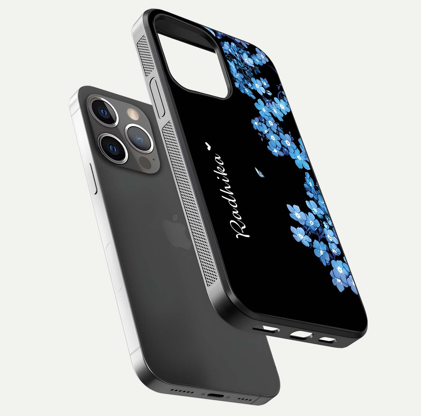 Blue Petal Dream Custom Name Glass Case for iPhone 13 Pro floating mockup capturing floral tones and glass shine