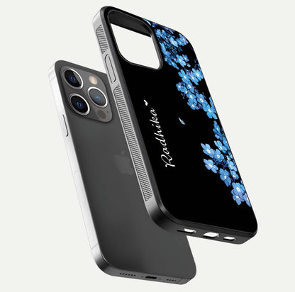 Blue Petal Dream Custom Name Glass Case for iPhone 13 Pro floating mockup capturing floral tones and glass shine