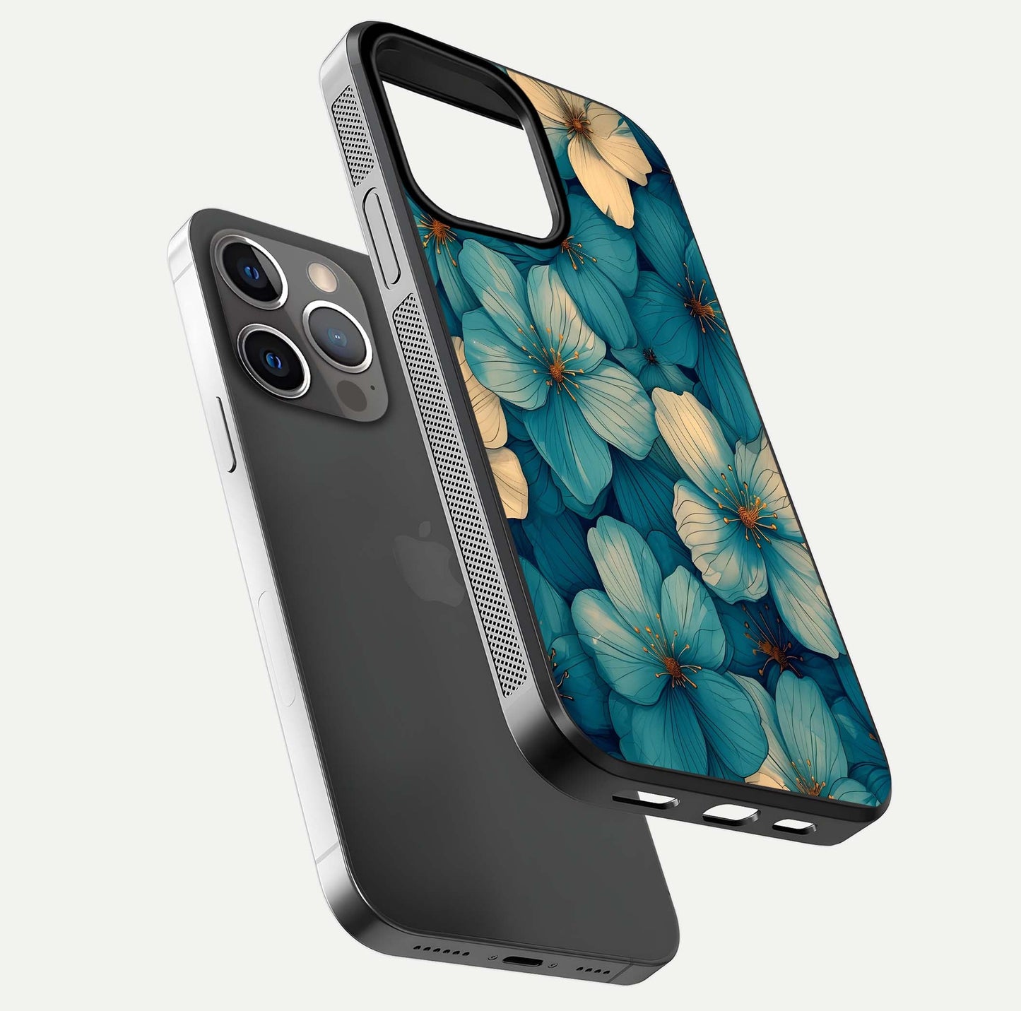 Blue Shade Floral Glass Case for iPhone 13 Pro floating mockup revealing gloss highlight and floral depth