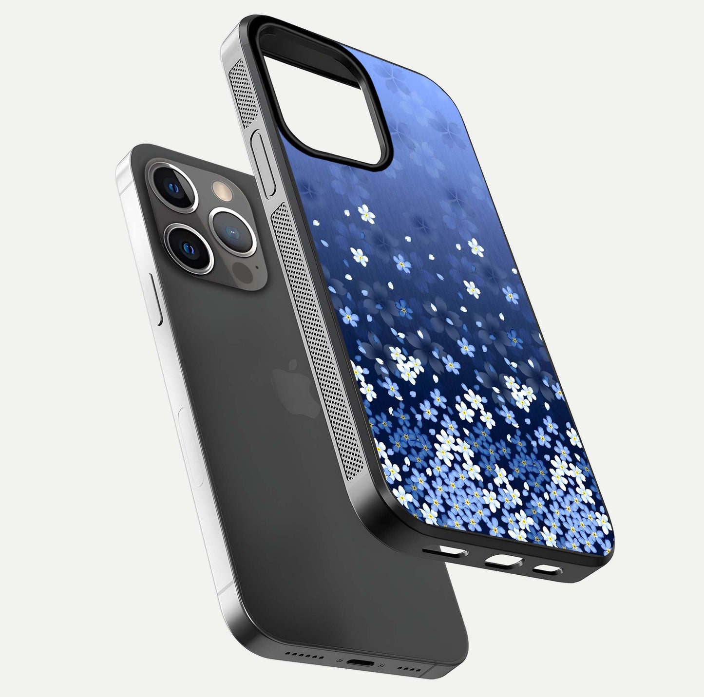 Blue Starry Glass Case for iPhone 13 Pro floating mockup capturing cosmic tone and HD gloss texture