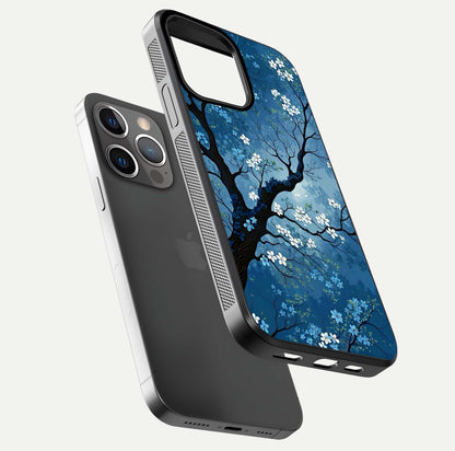 Blue Tree Serenity Glass Case for iPhone 13 Pro floating mockup displaying serene tones and HD glass polish