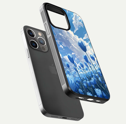 Blue Tulip Clouds Glass Case for iPhone 13 Pro floating mockup displaying tulip-cloud fusion art and smooth glass gloss