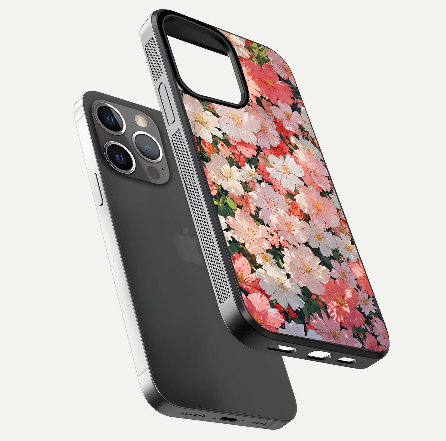 Blush Bloom Field Glass Case for iPhone 13 Pro floating mockup highlighting floral spread and edge reflection
