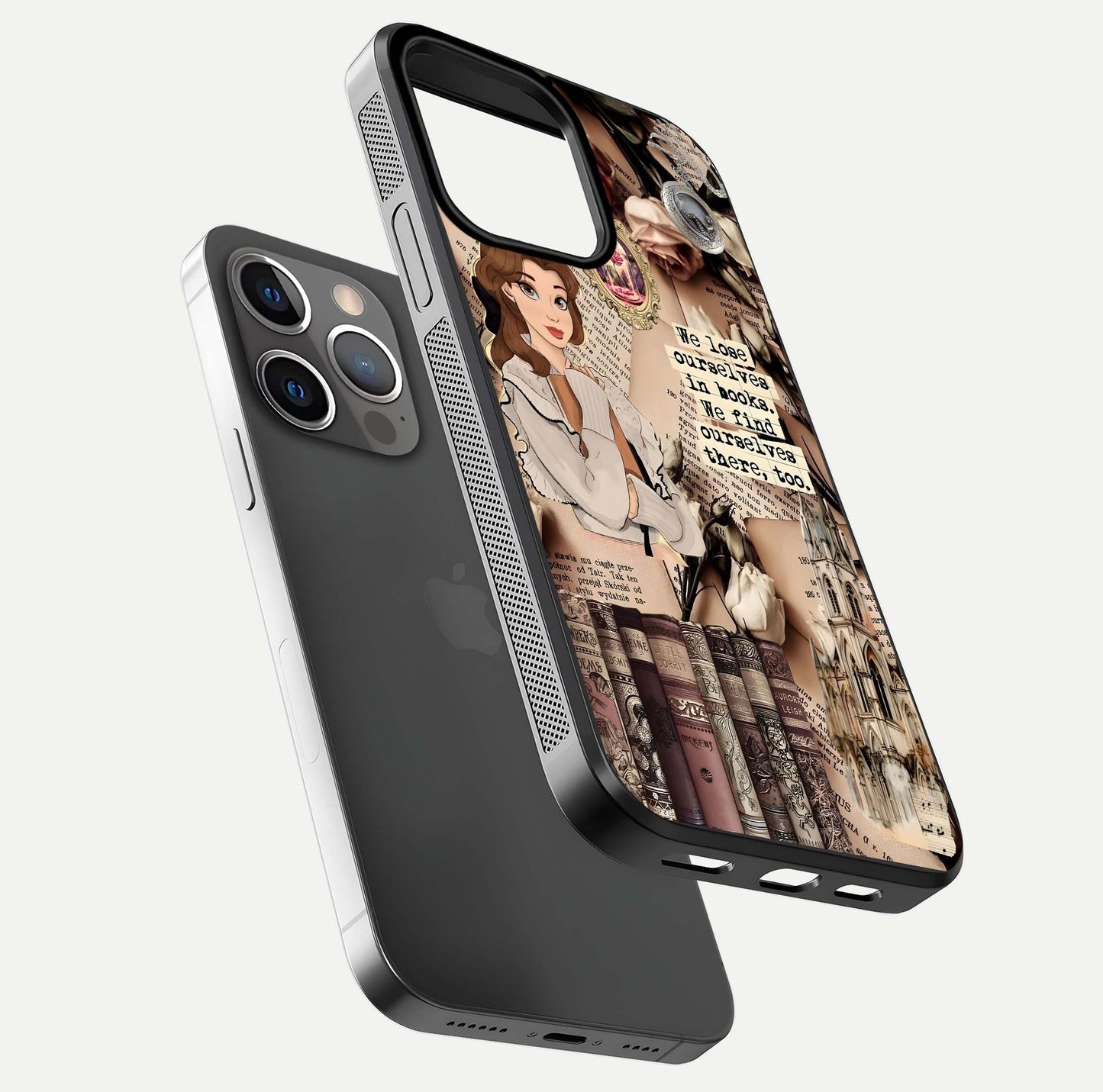 Bookish Dream World Glass Case for iPhone 13 Pro floating mockup capturing gloss shine and artistic balance