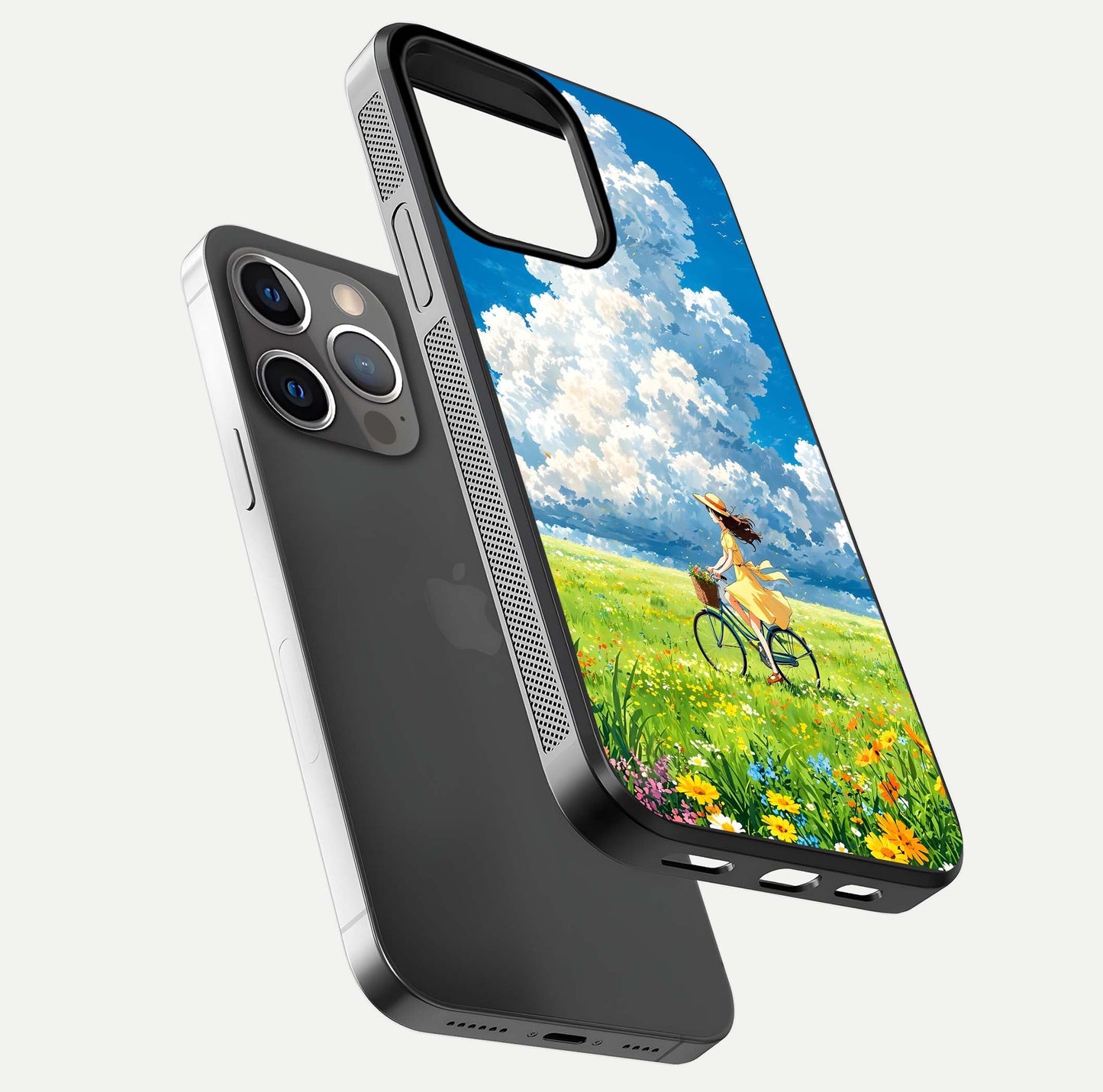 Breezy Meadow Ride Glass Case for iPhone 13 Pro floating mockup capturing serene tones and smooth finish