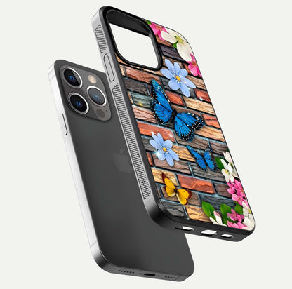 Brick Bloom Flight Glass Case for iPhone 13 Pro floating mockup displaying gloss reflection and pattern vibrancy