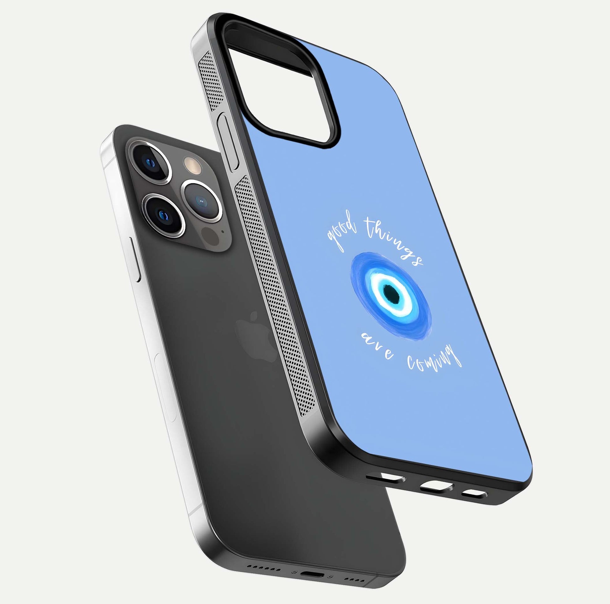 Bright Future Ahead Glass Case for iPhone 13 Pro floating mockup showing sleek design and positive quote print