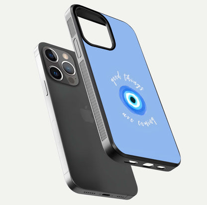 Bright Future Ahead Glass Case for iPhone 13 Pro floating mockup showing sleek design and positive quote print