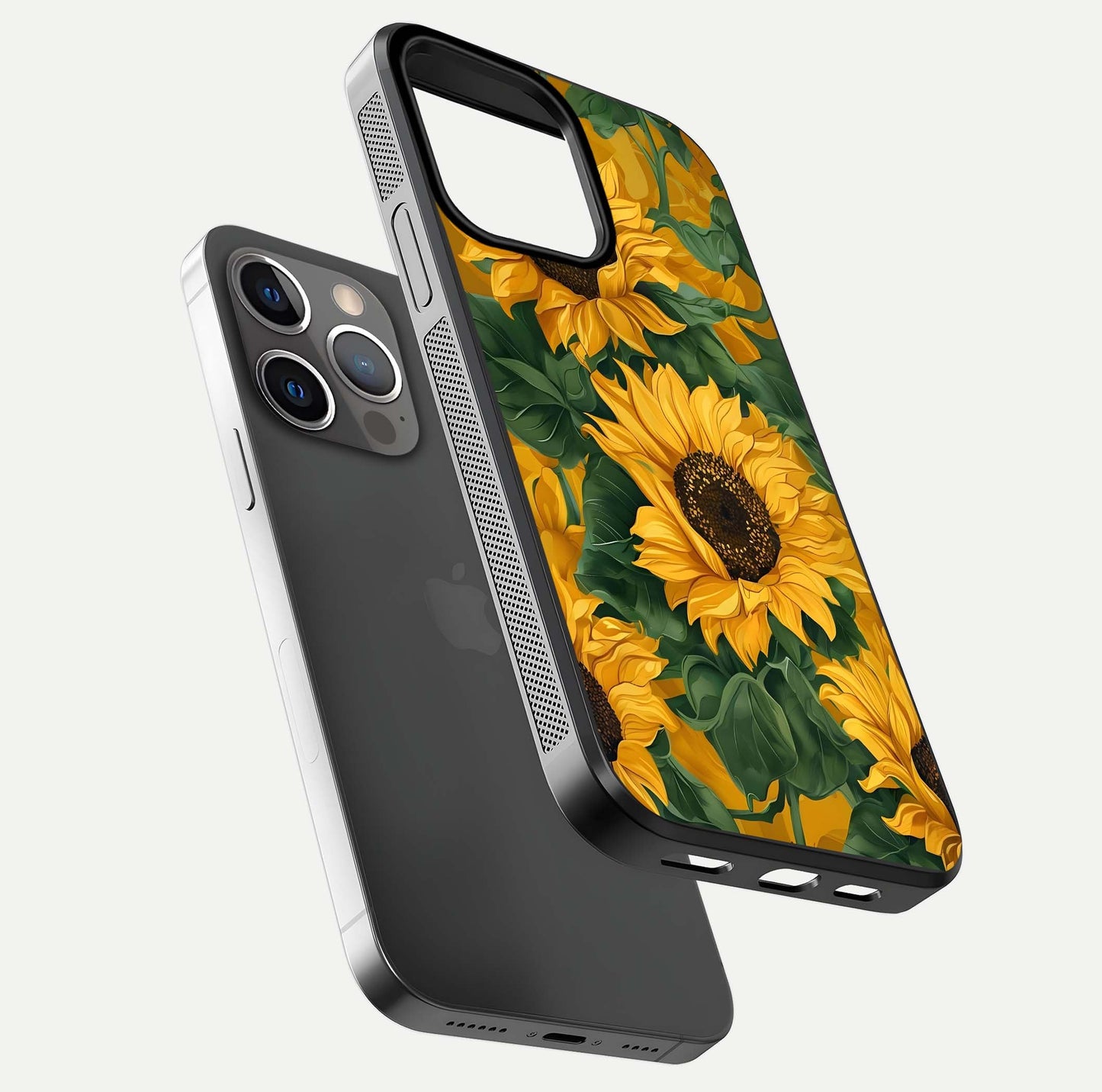 Bright Sunflower Bloom Glass Case for iPhone 13 Pro floating mockup capturing vibrant tones and gloss surface