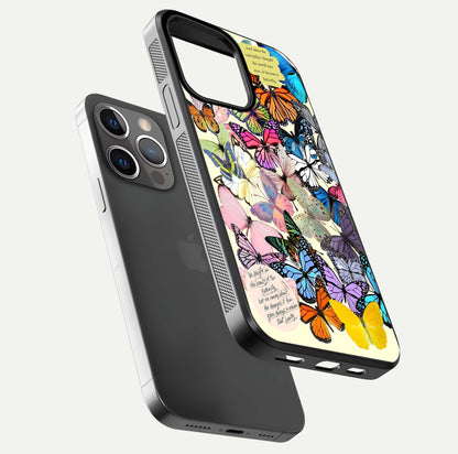 Butterflies Petal Dream Glass Case for iPhone 13 Pro floating mockup displaying detailed print and premium glass glow