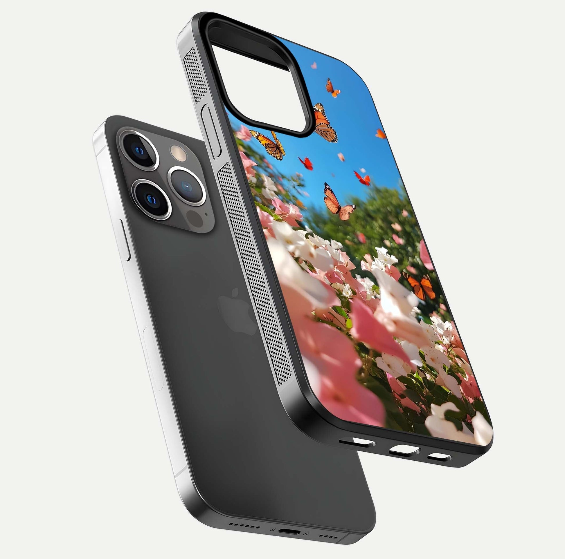 Butterflies in Bloom Sky Glass Case for iPhone 13 Pro floating mockup capturing butterfly motion and edge design