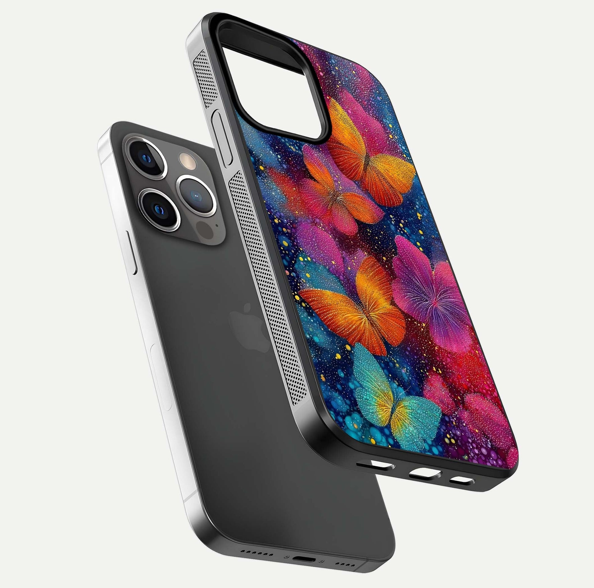 Butterfly Dream Mist Glass Case for iPhone 13 Pro floating mockup displaying glass shine and ethereal art depth