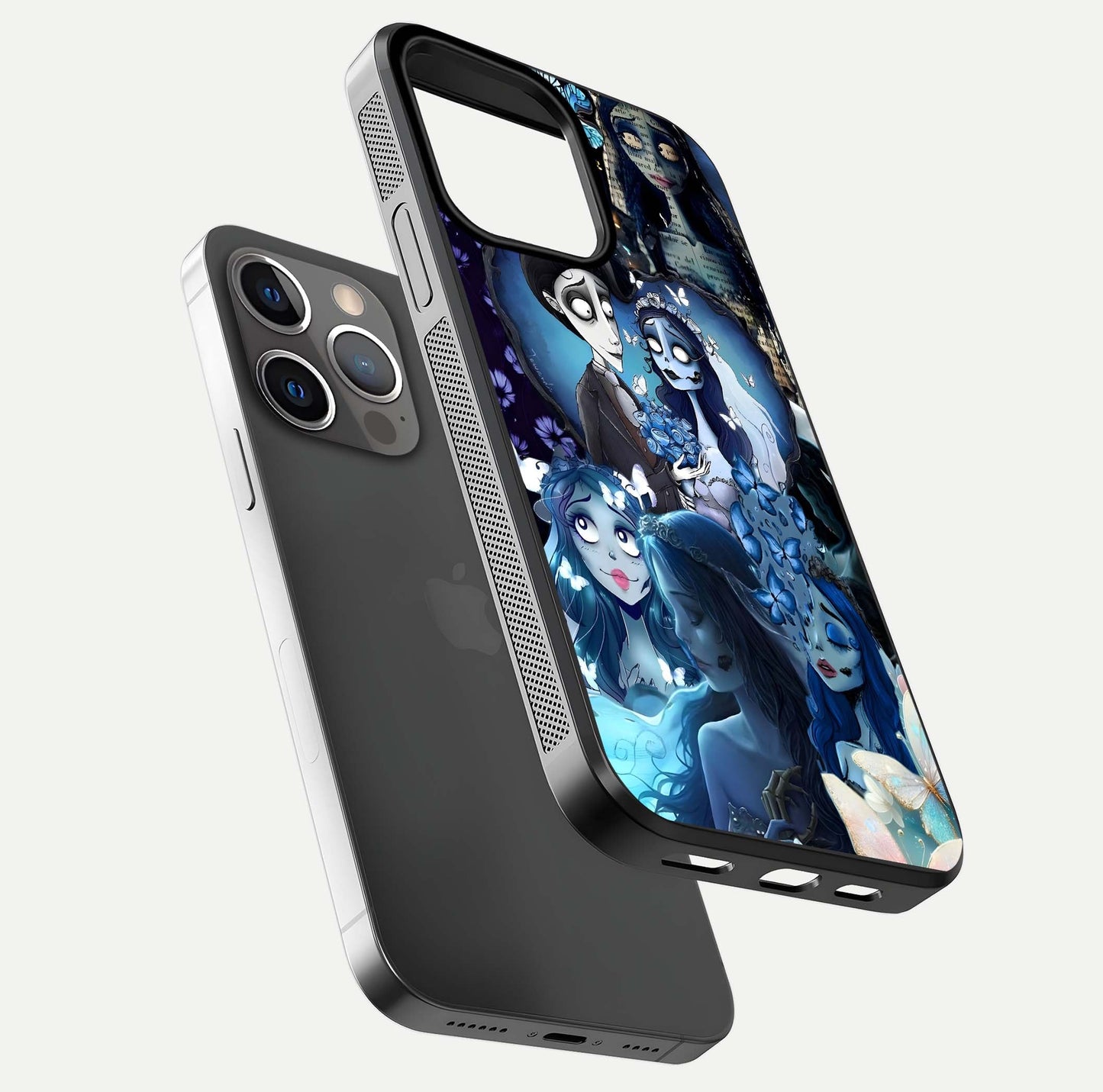 Butterfly Ghost Soul Glass Case for iPhone 13 Pro floating mockup showcasing spirit-like butterfly detail and gloss