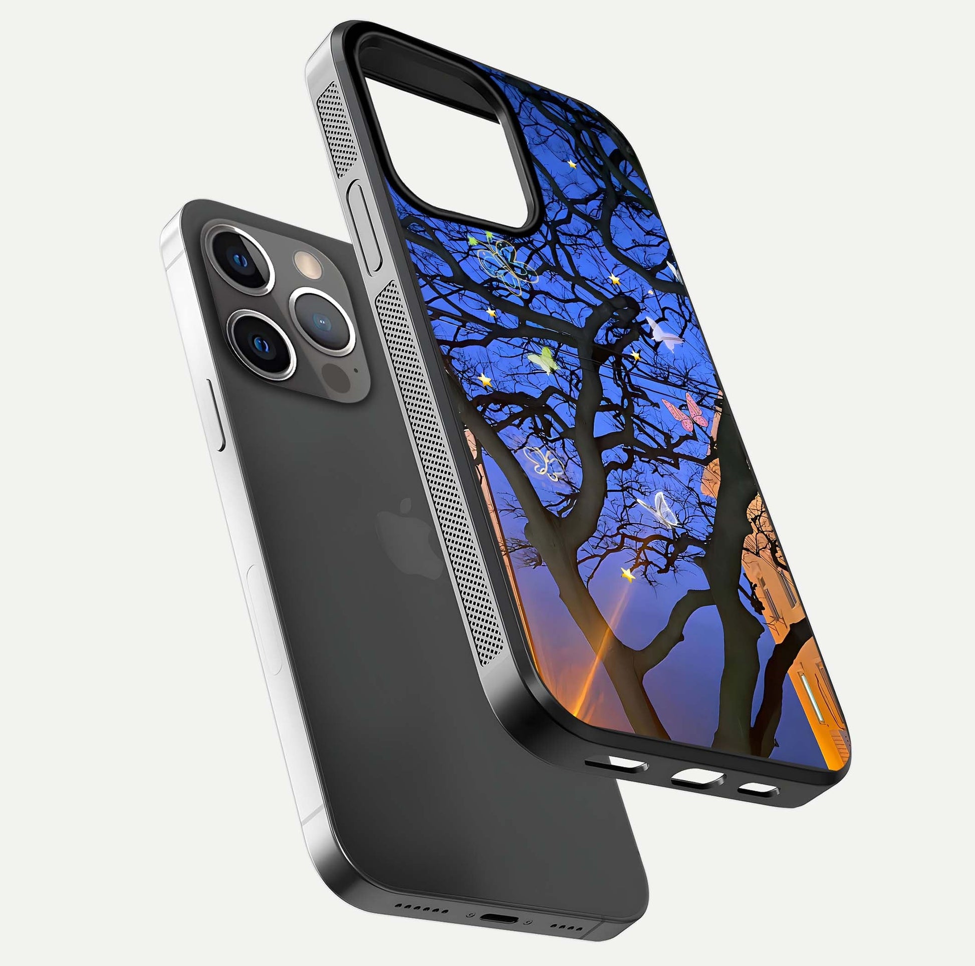 Butterfly Night Magic Glass Case for iPhone 13 Pro floating mockup showing night glow and smooth polish