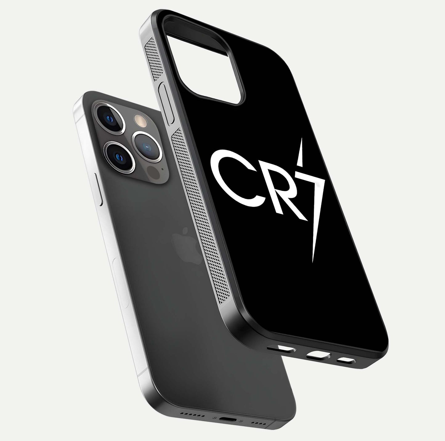 CR7 Elite Strike Glass Case for iPhone 13 Pro floating mockup displaying HD gloss and sporty texture