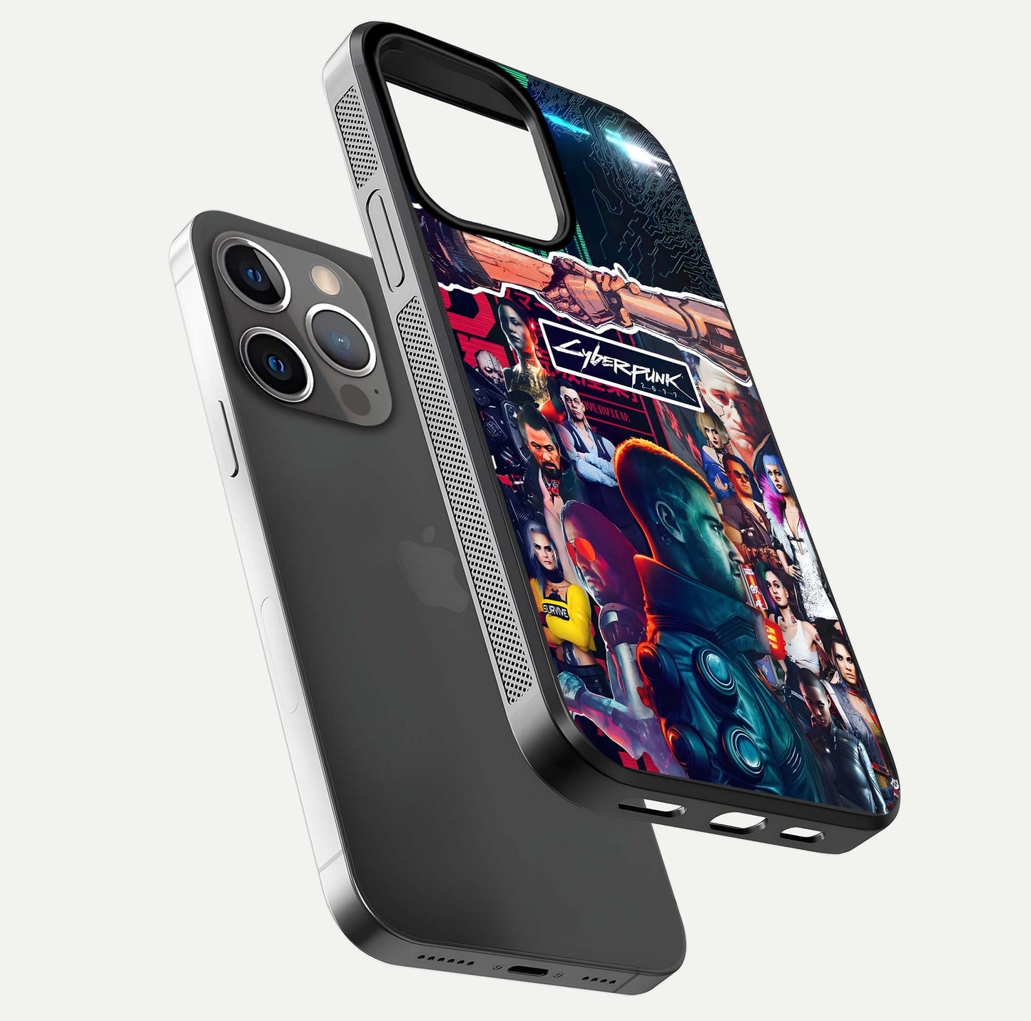 CYBERPUNK Legacy Glass Case for iPhone 13 Pro floating mockup showing HD gloss and neon glow detail