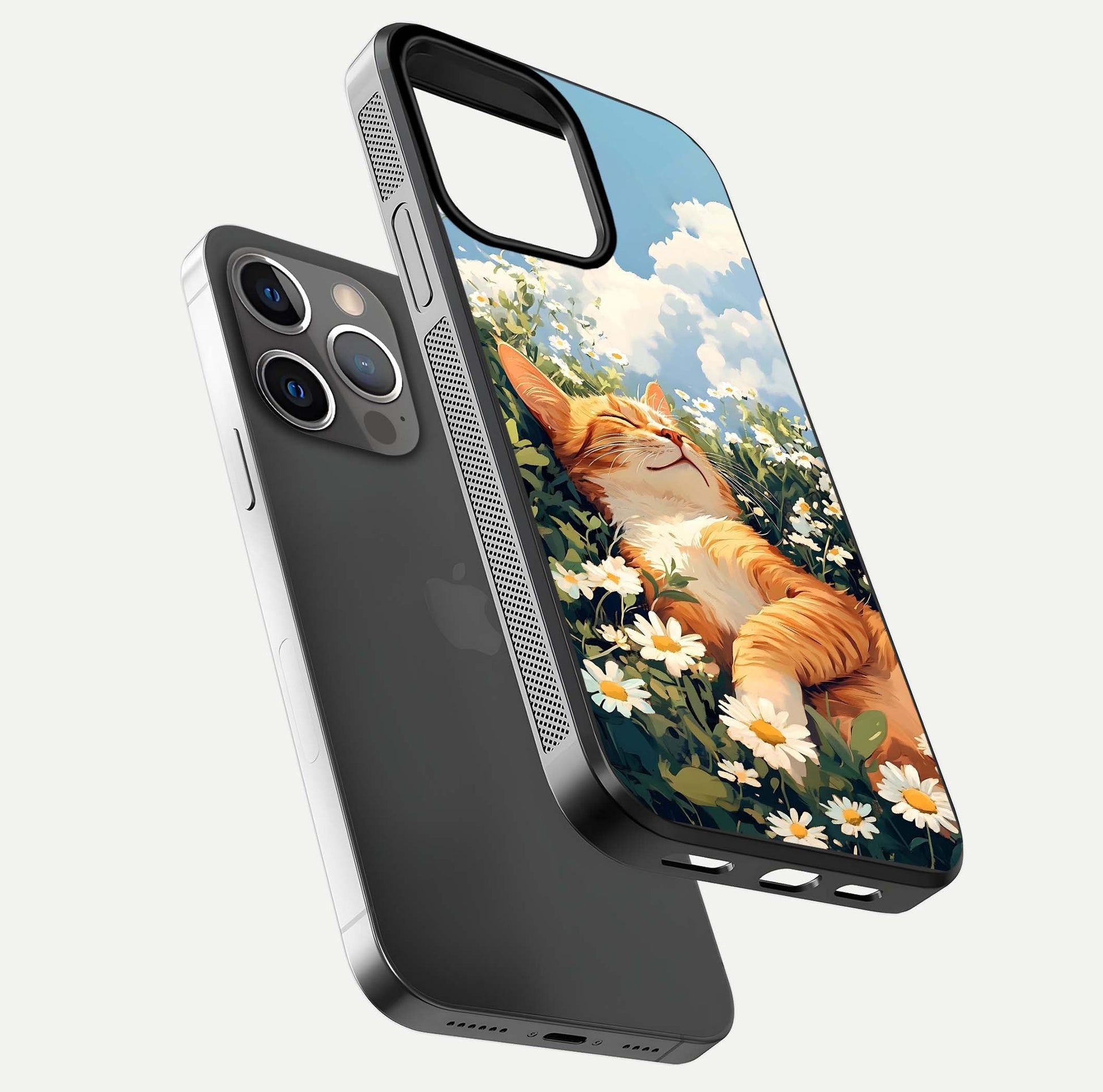 Cat & Flowers View Glass Case for iPhone 13 Pro floating mockup showing design reflection and protective edges
