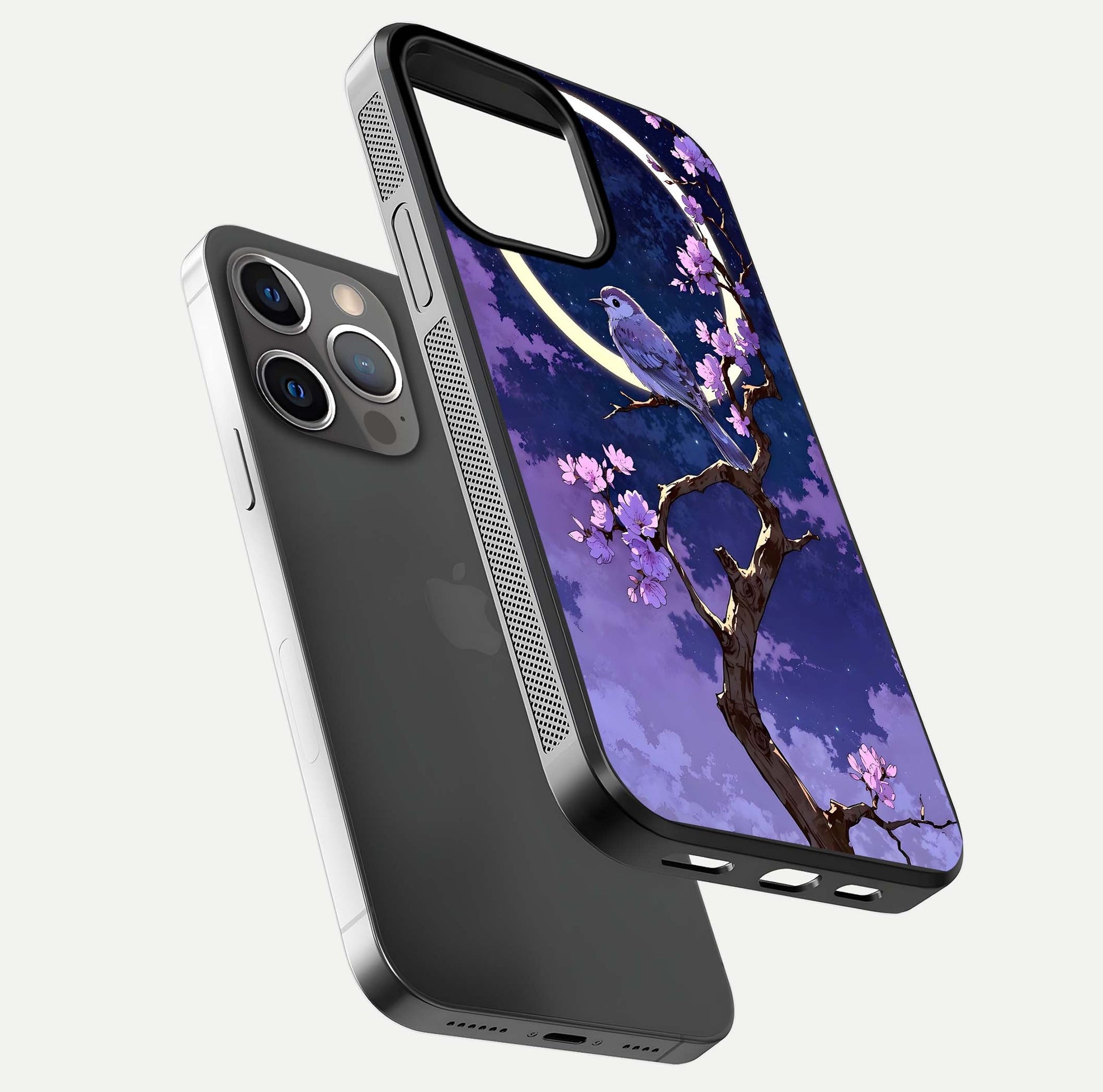 Celestial Bird Blossom Glass Case for iPhone 13 Pro floating mockup showing cosmic floral tones and HD gloss