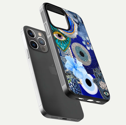 Celestial Blue Vision Glass Case for iPhone 13 Pro floating mockup showing gloss depth and night-sky pattern