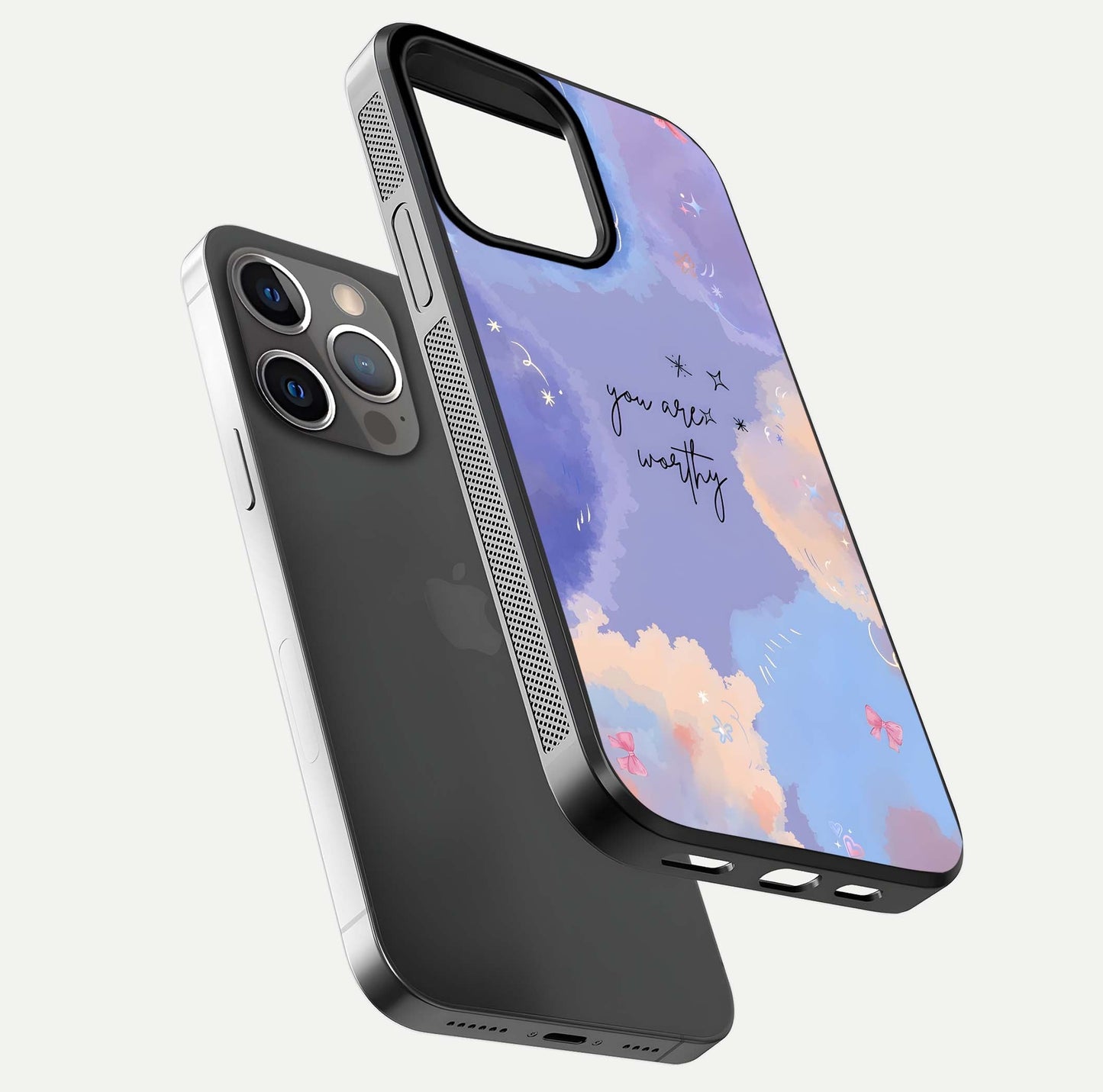 Celestial Cloud Magic Glass Case for iPhone 13 Pro floating mockup displaying cloud aura and HD finish