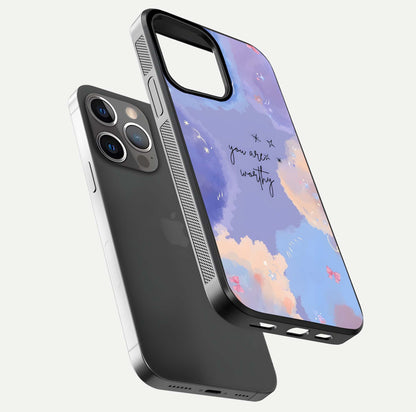 Celestial Cloud Magic Glass Case for iPhone 13 Pro floating mockup displaying cloud aura and HD finish