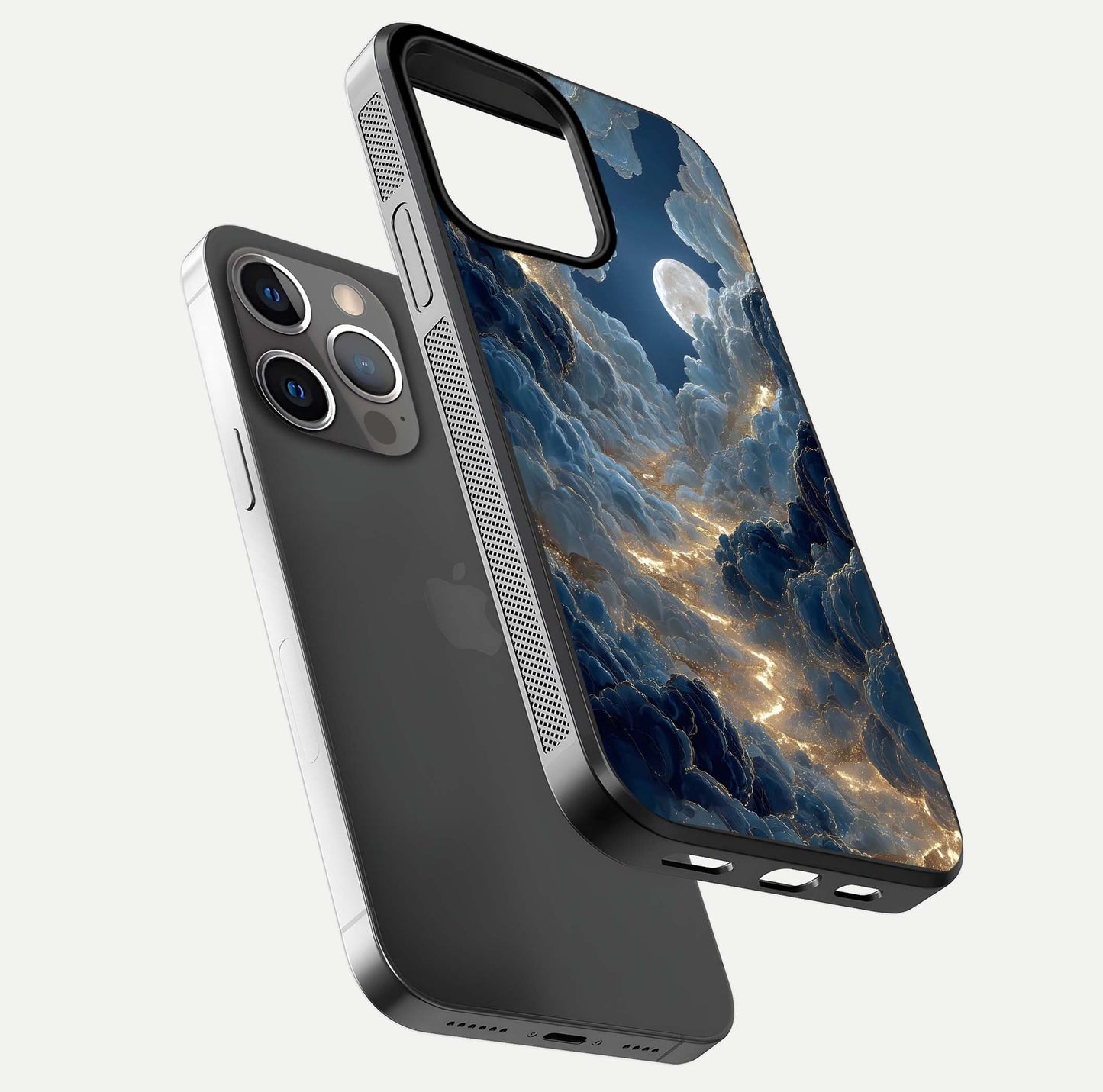 Celestial Cloud Road Glass Case for iPhone 13 Pro floating mockup capturing glowing horizon and HD gloss