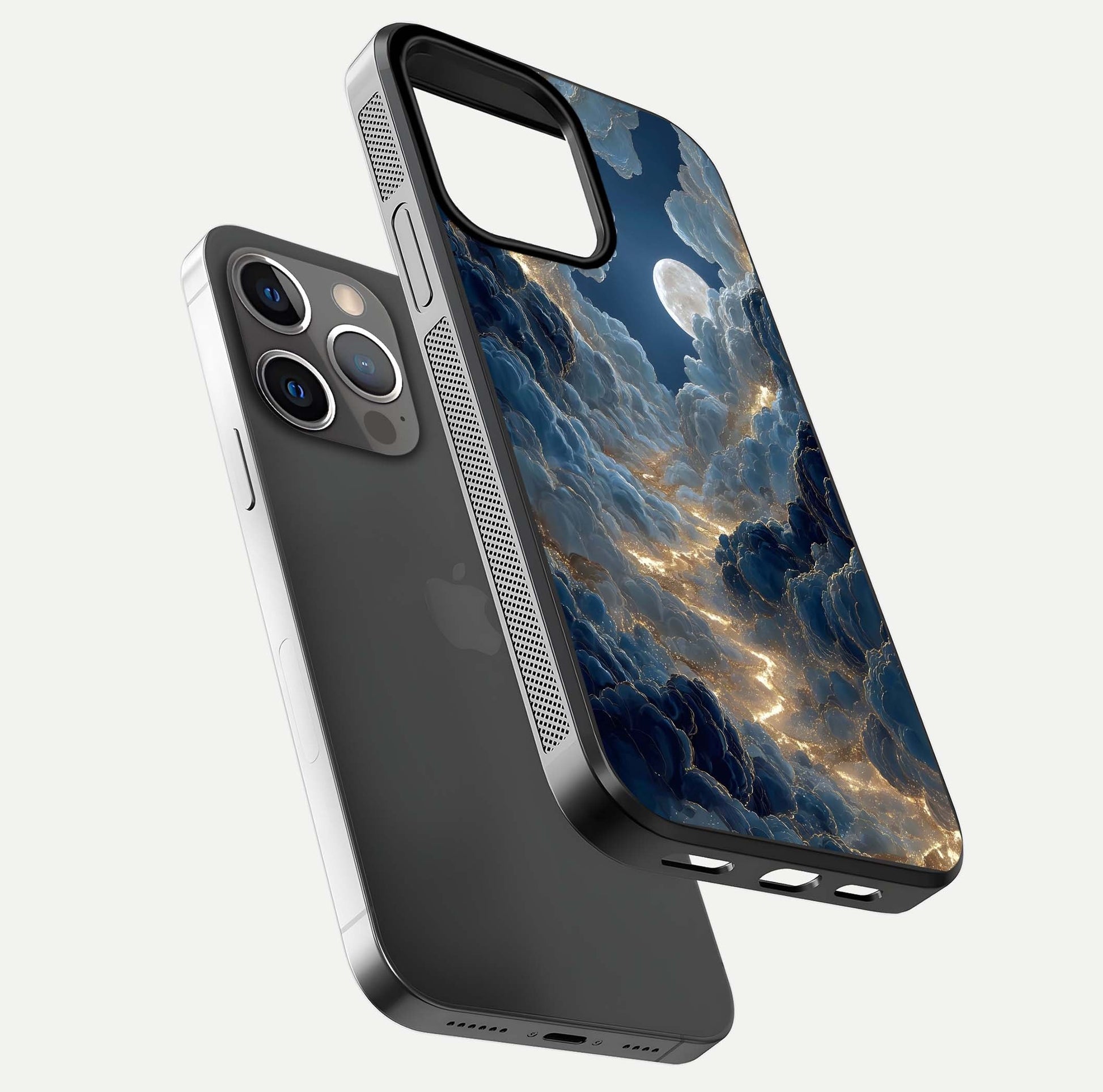 Celestial Cloud Road Glass Case for iPhone 13 Pro floating mockup capturing glowing horizon and HD gloss
