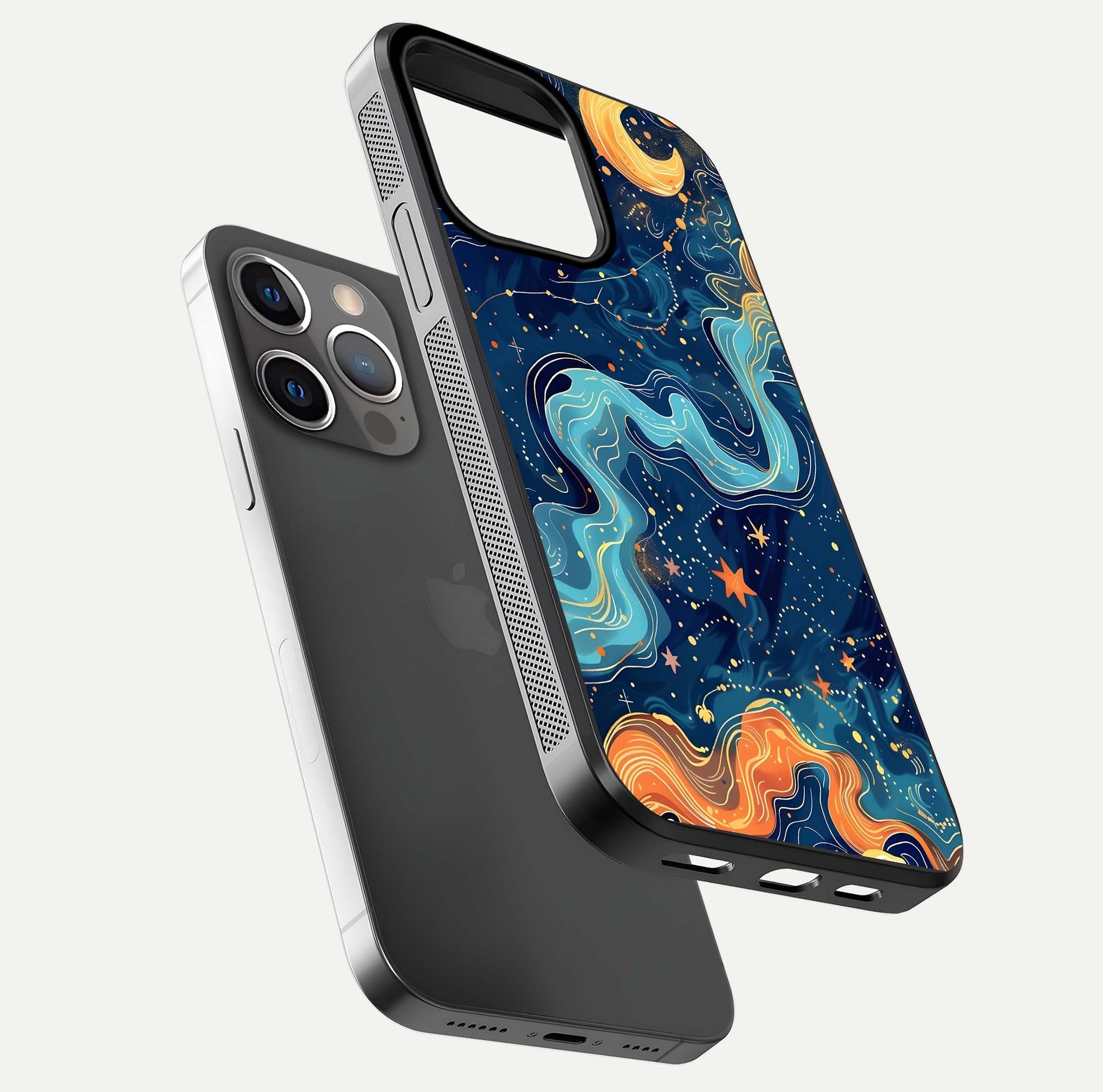 Celestial Dream Flow Glass Case for iPhone 13 Pro floating mockup displaying gloss shimmer and artistic composition