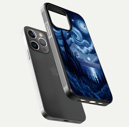 Celestial Dream Van Gogh Glass Case for iPhone 13 Pro floating mockup highlighting cosmic tones and smooth gloss