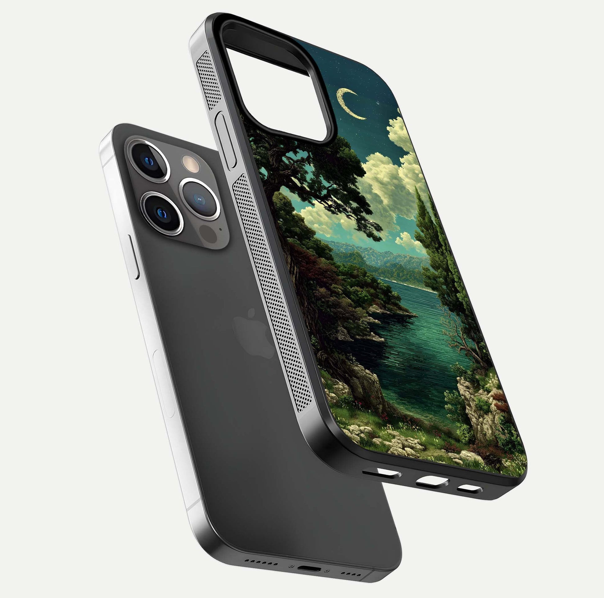 Celestial Lake Peace Glass Case for iPhone 13 Pro floating mockup capturing calm tones and smooth polish