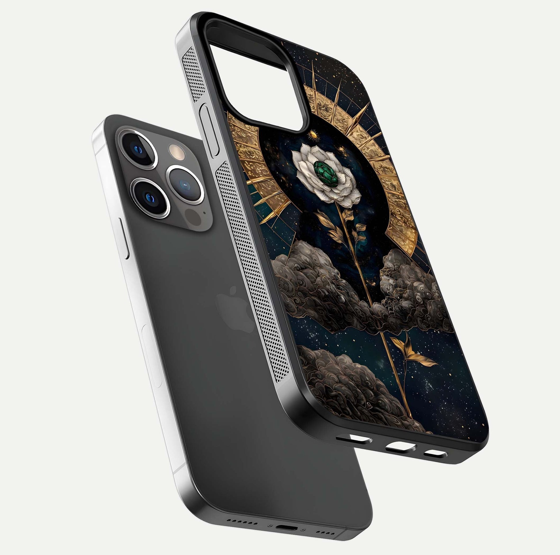 Celestial Lotus Morang Glass Case for iPhone 13 Pro floating mockup showing gloss depth and cosmic lotus glow