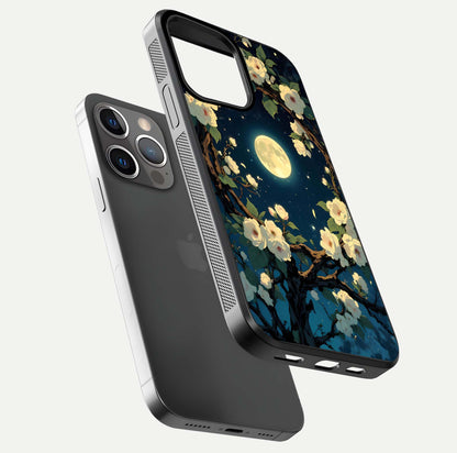 Celestial Moon & Flower Glass Case for iPhone 13 Pro floating mockup emphasizing HD shine and delicate texture