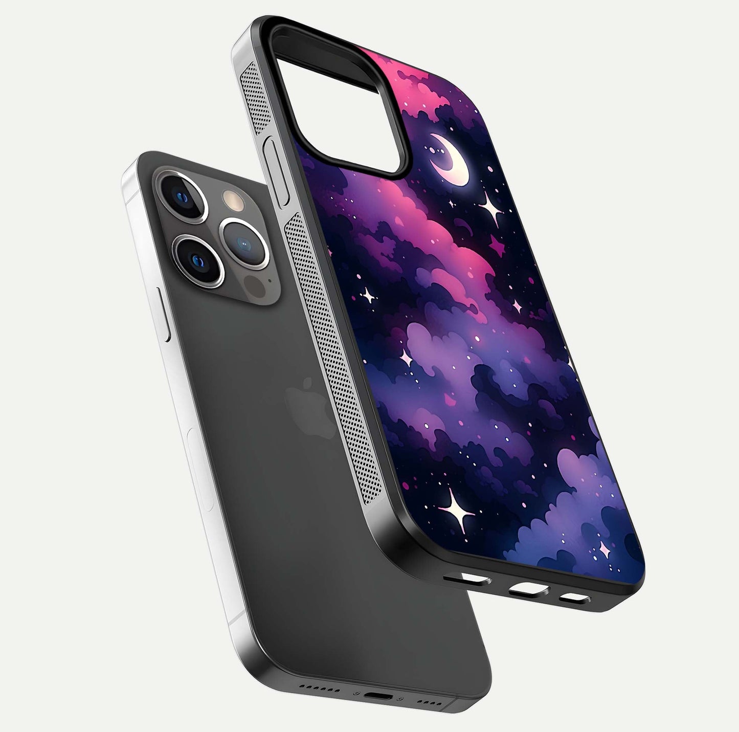 Celestial Moon Magic Glass Case for iPhone 13 Pro floating mockup showing reflection gradient and smooth polish