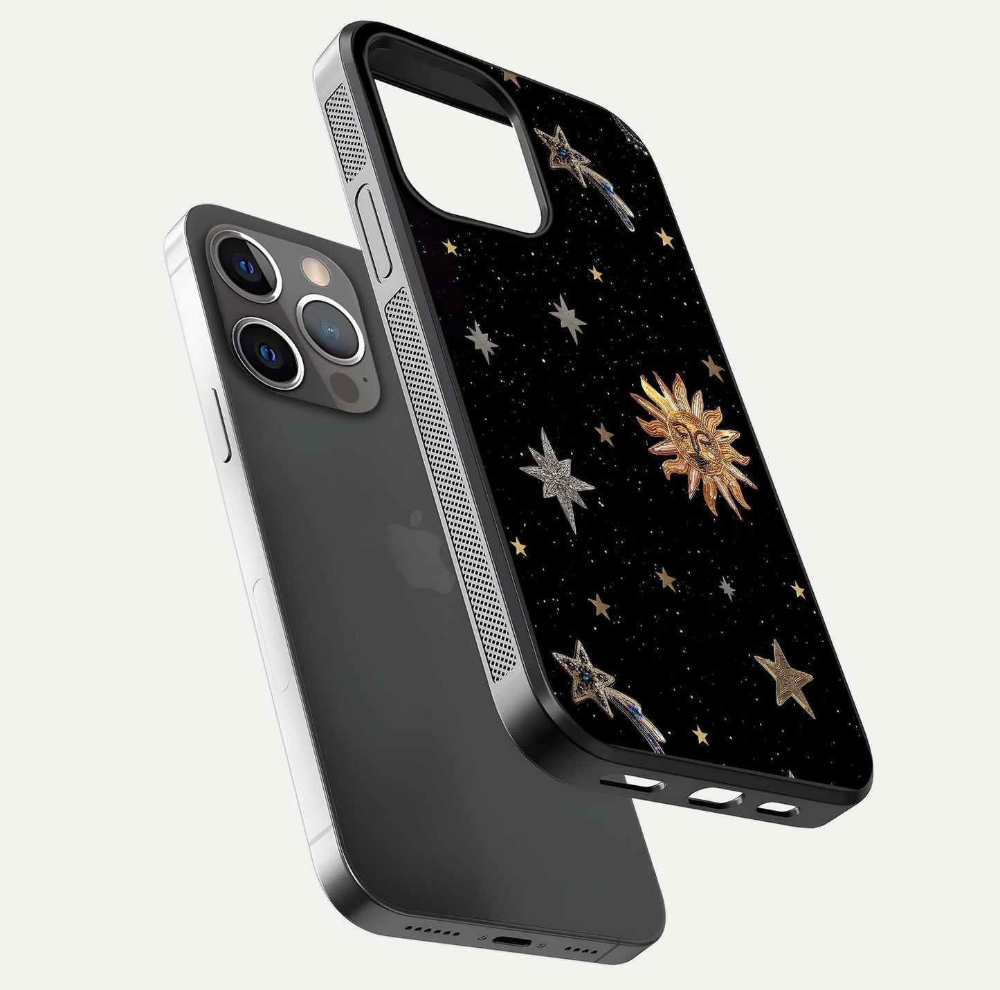 Celestial Moon With Stars Glass Case for iPhone 13 Pro floating mockup emphasizing star depth and gloss clarity