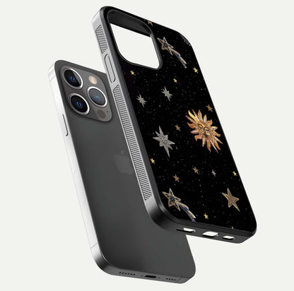 Celestial Moon With Stars Glass Case for iPhone 13 Pro floating mockup emphasizing star depth and gloss clarity